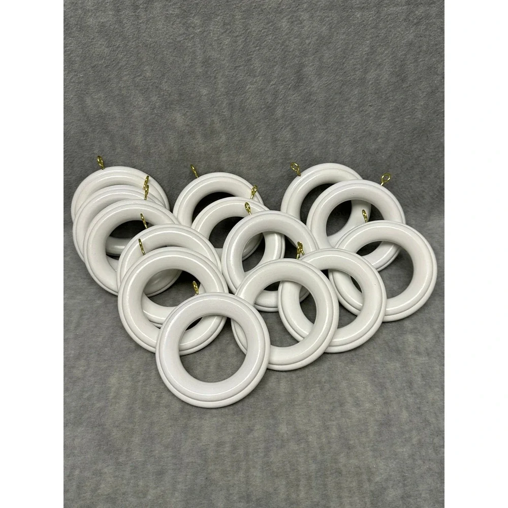 Large Curtain Rings White Wood Set of 14 Round with Brass Eyelets for 2
